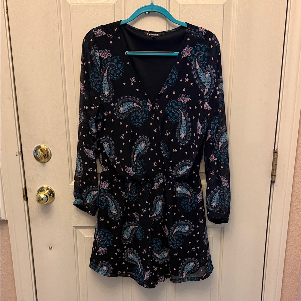 Express Black Paisley Wrap Romper with Teal and Pink Accents